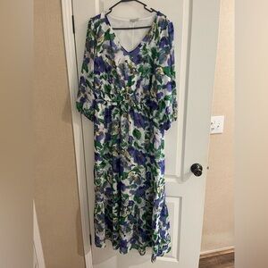 Nina Leonard Floral Maxi Dress in Blue and Green